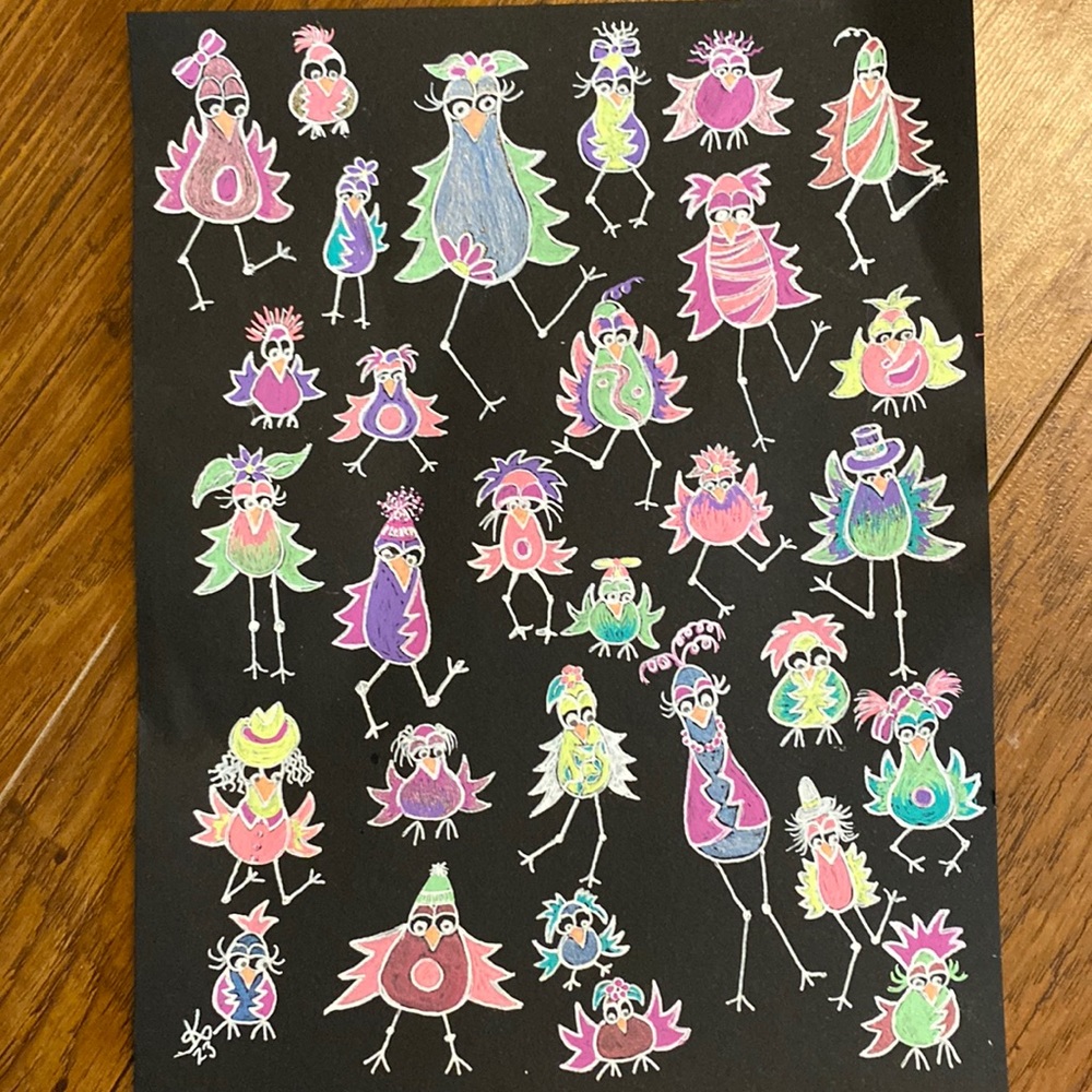 Unframed Original Art in Gel Pen on Black Paper Flocking Strange Birds